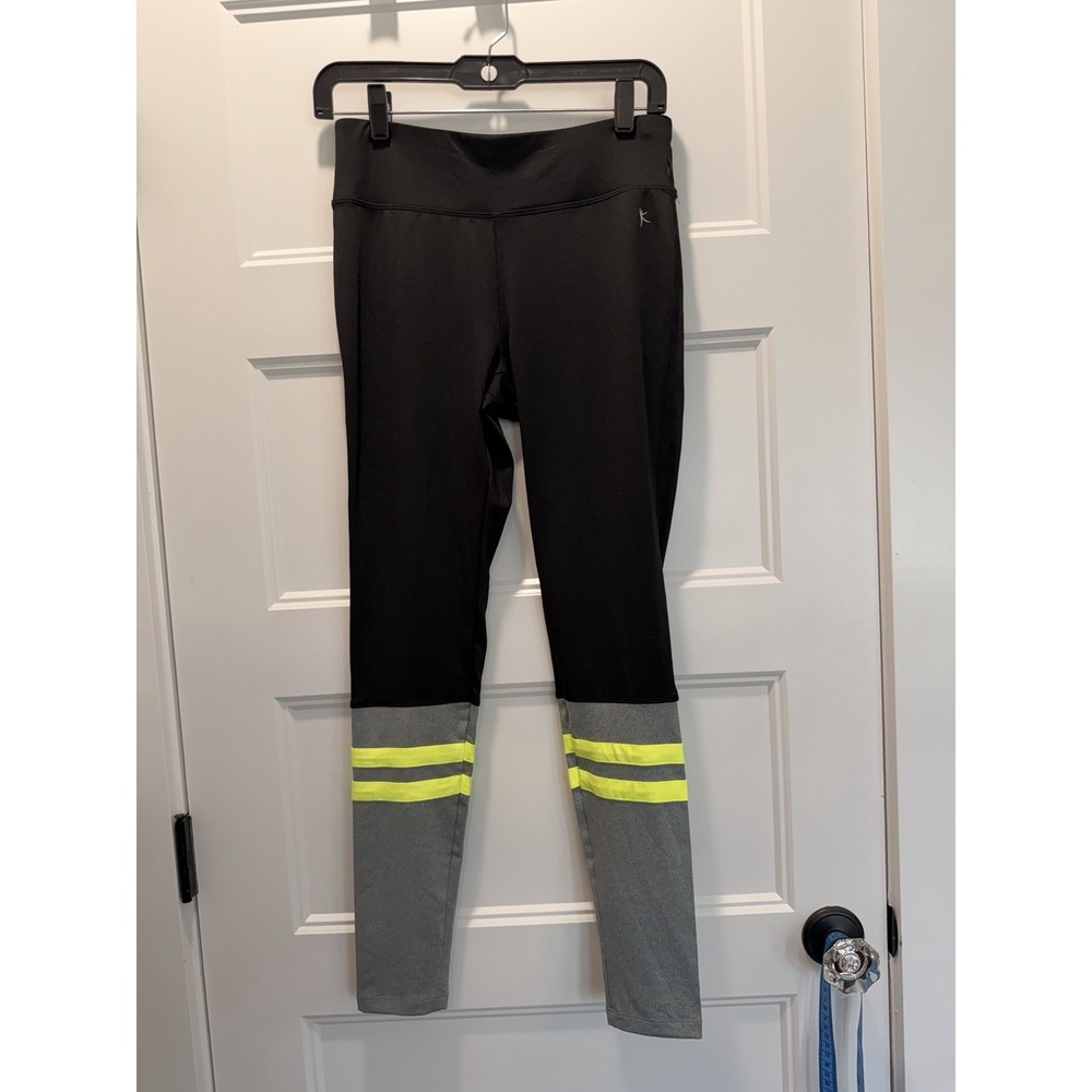 Danskin Now Leggings Small Black Gray Neon Yellow Stripe Dri-More Athletic